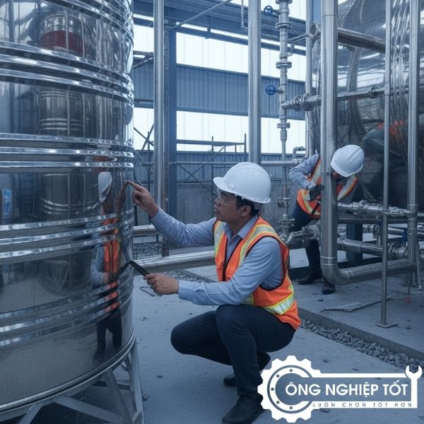 Kỹ sư kiểm tra bồn inox 304 tại công trình